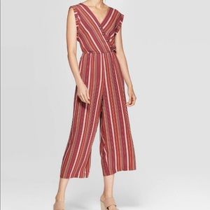 XL Striped Sleeveless Button Wrap Jumpsuit